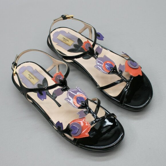 Prada 37.5 Ladies 7.5 Tulip Purple Patent Leather Slingback Wedge Shoes Sandals - Picture 6 of 12
